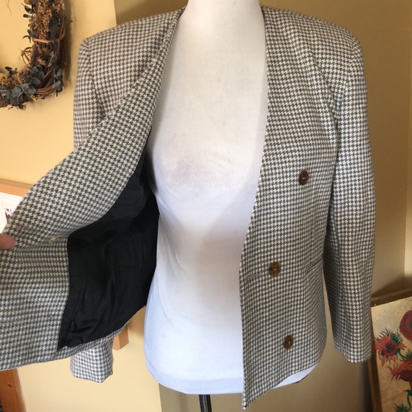 Vtg 90s Y2K DAVID N Houndstooth Plaid Wool Blazer Soft Gray & Ecru Crop DoubleB - Picture 6 of 10